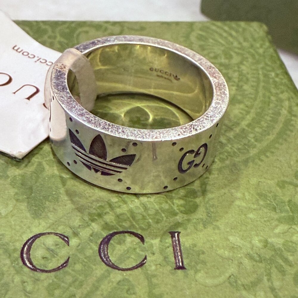 GUCCI X Adidas 702768 Engraved Ring Silver Ag925 GG Logo Size 21 (US 10) - Picture 4 of 13